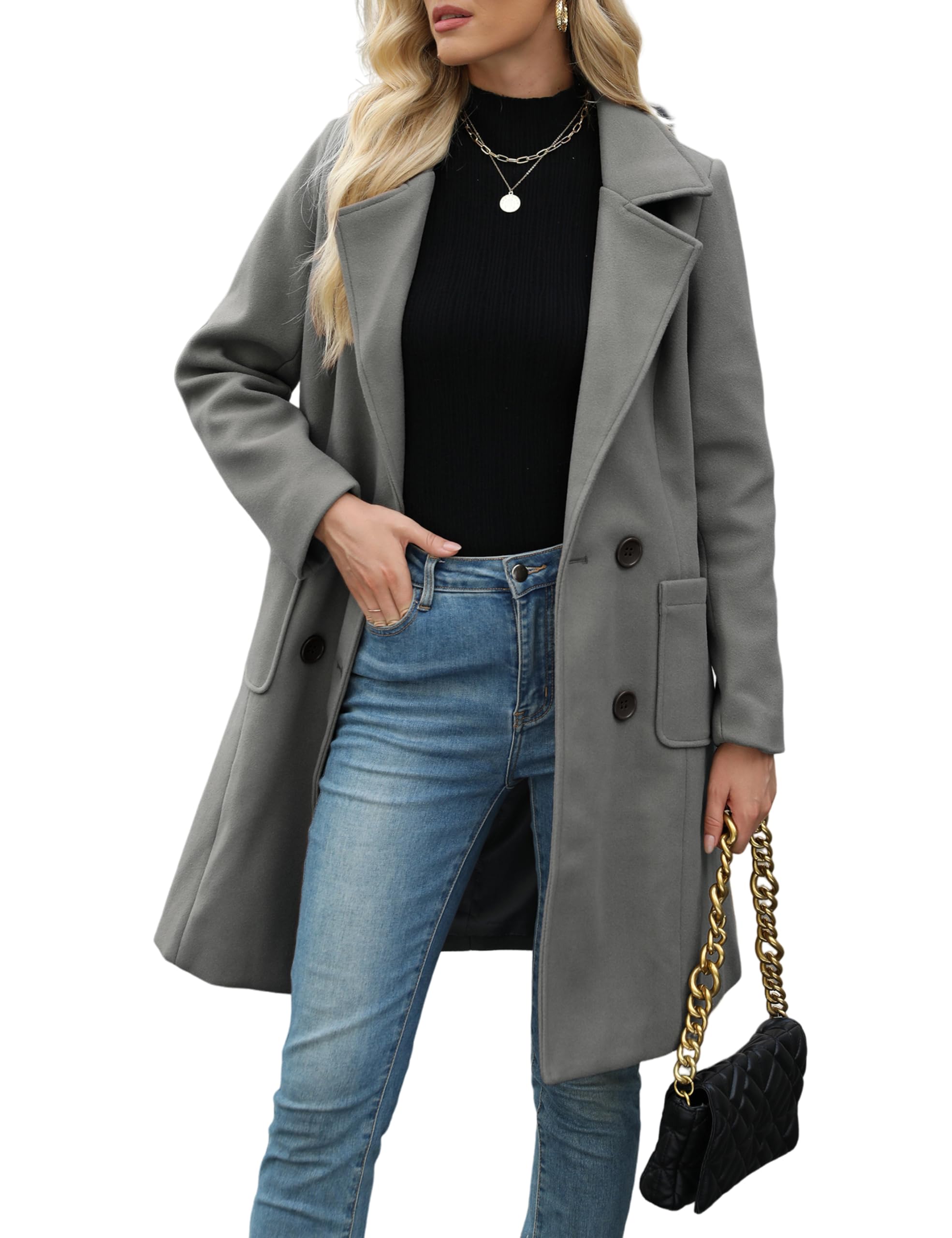 Bankeng Women Winter Wool Blend Camel Mid-Long Coat Notch Double-Breasted Lapel Jacket Outwear